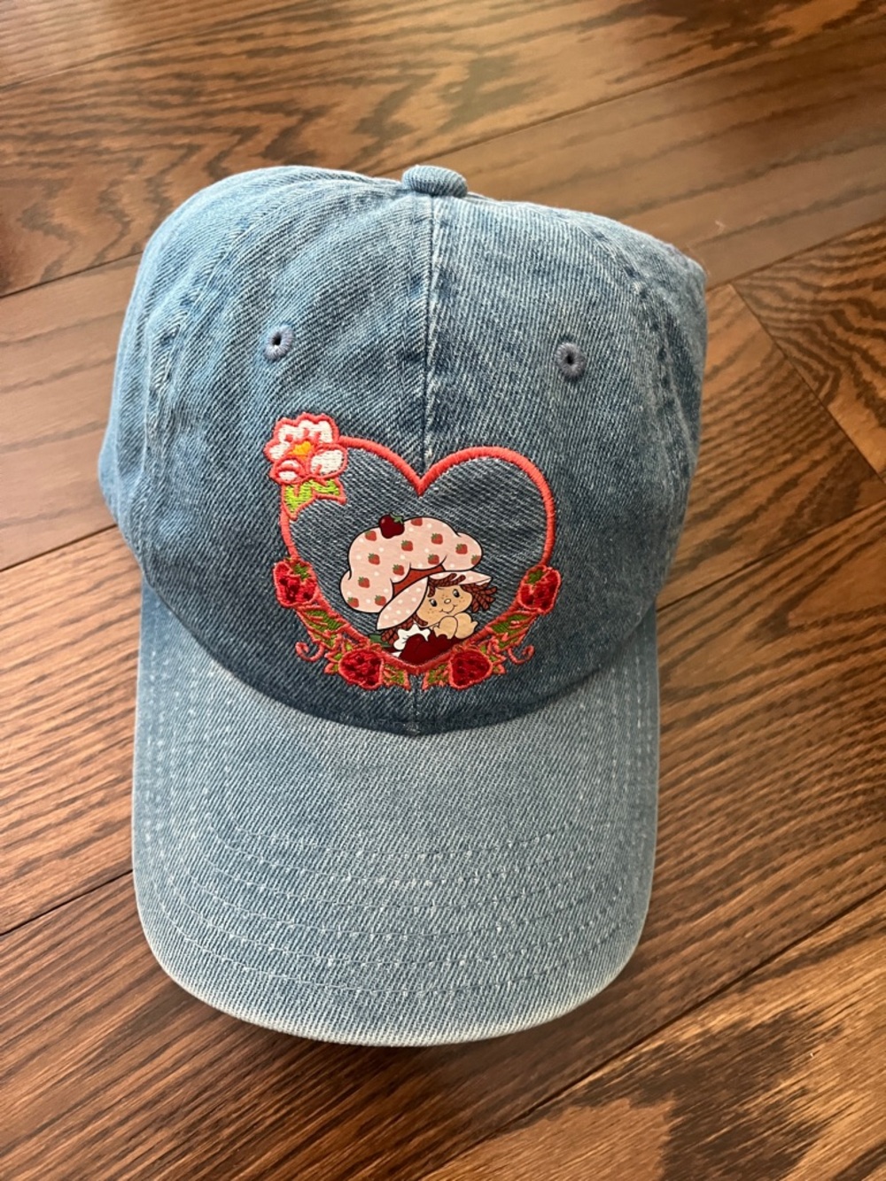 Blue Denim Kids Baseball Cap with Heart Strawberry Character Embroidery